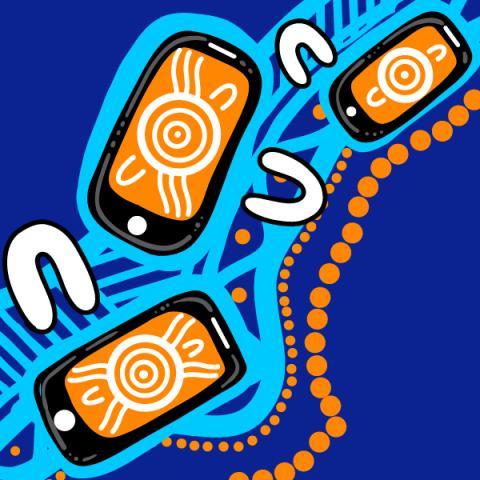 Aboriginal design in blue and orange depicting a pathway with mobile phone screens scattered on it.